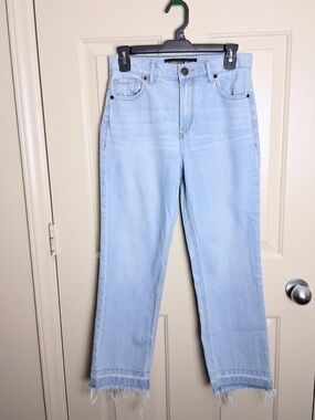Express Jean Women High Rise Straight Cropped Size 2 Blue Denim Fringe Jeans